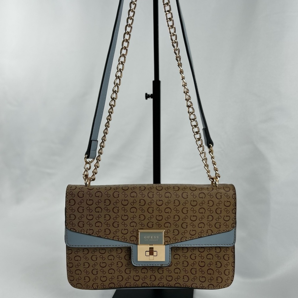 GUESS Los Angeles Top Handle Crossbody Bag Chain Strap Logo Print Purse